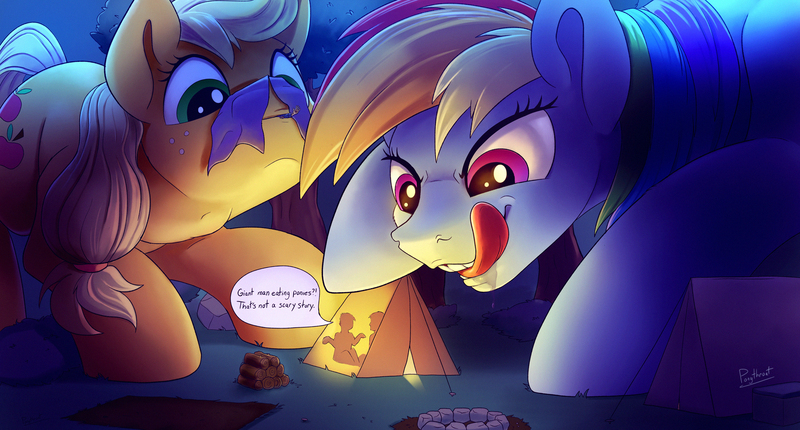 Size: 2500x1343 | Tagged: questionable, artist:ponythroat, derpibooru import, applejack, rainbow dash, human, pony, fanfic:tales from tinies, campfire, dialogue, drool, fetish, forest, human prey, licking, licking lips, macro, night, ponies eating humans, preddash, swallowing, tent, the gulper, throat bulge, tongue out, vore