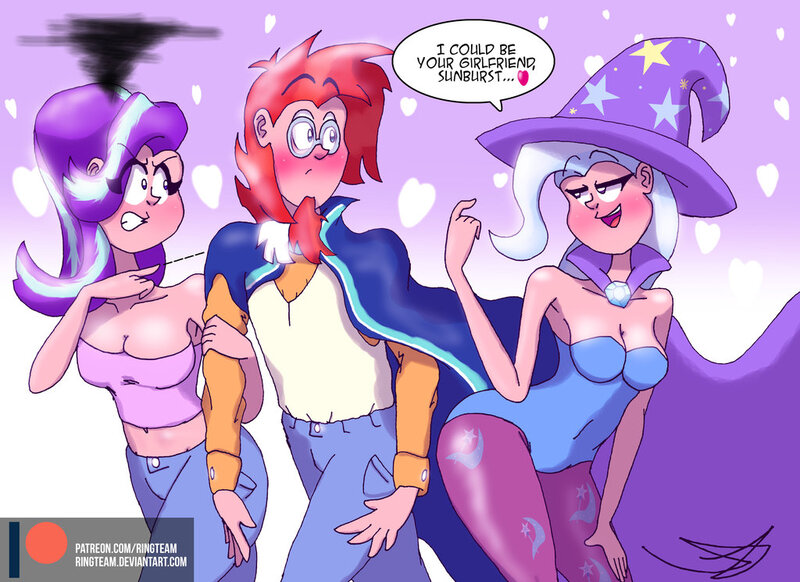 Size: 1024x745 | Tagged: suggestive, artist:ringteam, derpibooru import, starlight glimmer, sunburst, trixie, human, armpits, belly button, blushing, breasts, busty starlight glimmer, cleavage, clothes, dialogue, female, flirting, humanized, jealous, leotard, magician outfit, male, midriff, romantic jealousy, shipping, starburst, straight, trio, trixburst