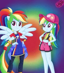 Size: 1300x1500 | Tagged: safe, artist:liniitadash23, derpibooru import, rainbow dash, equestria girls, equestria girls series, forgotten friendship, clothes, duality, female, hand on hip, midriff, multicolored hair, ponied up, self paradox, swimsuit