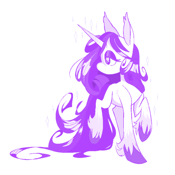 Size: 782x778 | Tagged: safe, artist:chop4, derpibooru import, rarity, pony, unicorn, female, lidded eyes, long ears, mare, monochrome, purple, simple background, solo, sparkles, transparent background, unshorn fetlocks