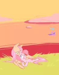 Size: 1431x1828 | Tagged: safe, artist:chop4, derpibooru import, fluttershy, pinkie pie, rainbow dash, twilight sparkle, twilight sparkle (alicorn), alicorn, earth pony, pony, cloud, cuddling, female, flutterpie, flying, grass, hug, lesbian, looking at each other, missing cutie mark, prone, shipping, winghug, wings