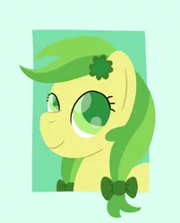 Size: 856x1066 | Tagged: safe, artist:phat_guy, derpibooru import, apple fritter, earth pony, pony, apple family member, bow, bust, clover, female, flower, flower in hair, four leaf clover, frame, green, green background, hair bow, holiday, lineless, looking up, mare, minimalist, modern art, ponytail, portrait, ribbon, saint patrick's day, simple background, smiling, solo