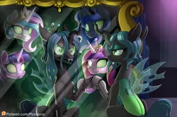 Size: 1200x799 | Tagged: safe, artist:pusspuss, derpibooru import, princess cadance, princess celestia, princess luna, queen chrysalis, twilight sparkle, alicorn, changeling, changeling queen, pony, fanfic, amputee, crown, fanfic art, female, green eyes, jewelry, mare, mirror, patreon, patreon logo, prosthetic limb, prosthetics, reflection, regalia, royal sisters, short mane