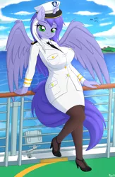 Size: 3450x5300 | Tagged: admiral, alicorn, alicorn oc, anthro, anthro oc, artist:ziemniax, big breasts, breasts, clothes, commission, derpibooru import, female, high heels, mare, oc, oc:mariah wolves, plantigrade anthro, safe, ship, shoes, solo, stockings, thigh highs, unofficial characters only