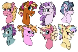 Size: 627x417 | Tagged: safe, artist:ficklepickle9421, derpibooru import, oc, unofficial characters only, earth pony, pegasus, pony, unicorn, bust, female, freckles, male, mare, offspring, parent:big macintosh, parent:cheese sandwich, parent:flash sentry, parent:pinkie pie, parent:rainbow dash, parent:rarity, parent:soarin', parent:starlight glimmer, parent:sunburst, parent:trenderhoof, parent:twilight sparkle, parents:cheesepie, parents:flashlight, parents:glimmermac, parents:pinkieburst, parents:rainbowburst, parents:soaringlimmer, parents:trenderity, parents:twimac, rainbow hair, simple background, stallion, white background