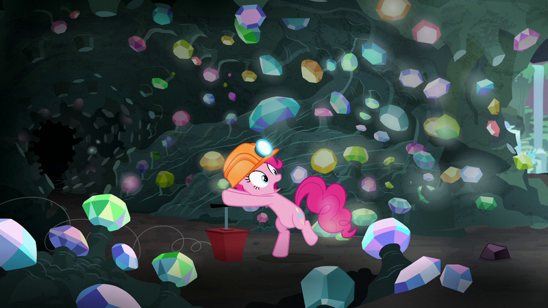 Size: 1280x720 | Tagged: safe, derpibooru import, screencap, pinkie pie, earth pony, pony, rock solid friendship, cave, dynamite plunger, gem, gem cave, hard hat, helmet, mining helmet, solo, this will end in explosions