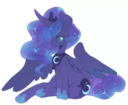 Size: 709x580 | Tagged: safe, artist:buljong, derpibooru import, princess luna, alicorn, pony, curved horn, cute, female, hoof shoes, looking down, lunabetes, mare, simple background, sitting, solo, spread wings, white background, wings