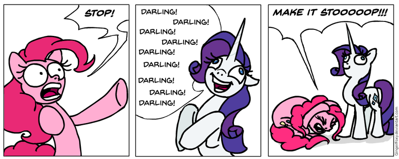 Size: 933x372 | Tagged: safe, artist:gingerfoxy, derpibooru import, pinkie pie, rarity, earth pony, pony, unicorn, pony comic generator, abuse, annoying, begging, comic, darling, derp, duo, flanderization, how the turntables, make it stop, pinkiebuse, rariderp, rarisnap, simple background, white background