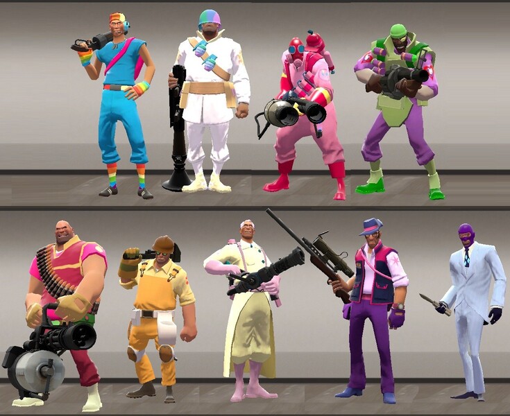 Size: 1274x1040 | Tagged: applejack, big macintosh, demoman, derpibooru import, engineer, fluttershy, heavy, heavy weapons guy, mane six, medic, pinkie pie, princess celestia, pyro, rainbow dash, rarity, safe, scout, sniper, soldier, spike, spy, team fortress 2, twilight sparkle