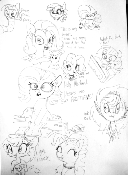 Size: 1383x1882 | Tagged: safe, artist:tjpones, derpibooru import, fluttershy, pinkie pie, rarity, twilight sparkle, twilight sparkle (alicorn), alicorn, earth pony, pegasus, pony, rabbit, unicorn, armor, chest fluff, choker, clothes, coin, dialogue, dress, dress making, ear fluff, female, grayscale, lineart, mare, money, monochrome, power armor, realization, saloon dress, saloon pinkie, simple background, sketch, sketch dump, space marine, traditional art, warhammer (game), warhammer 40k, winnie the werewolf, you gotta share