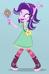 Size: 668x1000 | Tagged: safe, artist:pixelkitties, derpibooru import, starlight glimmer, equestria girls, clothes, colored background, cosplay, costume, cute, female, glimmerbetes, parody, pun, simple background, smiling, solo, star butterfly, star vs the forces of evil, this will end well, this will not end well, visual pun, wand