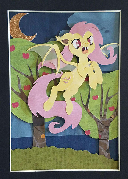 Size: 459x640 | Tagged: safe, artist:sparkynekomi, derpibooru import, fluttershy, bat pony, pony, apple, apple tree, bat wings, craft, crescent moon, cutie mark, fangs, female, flutterbat, flying, food, irl, moon, open mouth, papercraft, photo, race swap, shadowbox, solo, transparent moon, tree, wings