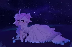 Size: 2608x1708 | Tagged: safe, artist:affurro, derpibooru import, oc, unofficial characters only, pony, unicorn, clothes, curved horn, dress, night, stars
