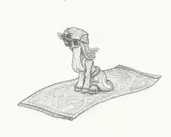 Size: 2679x2153 | Tagged: safe, artist:sensko, derpibooru import, pony, unicorn, beard, clothes, elderly, facial hair, fakir, flying carpet, glowing horn, magic, pencil drawing, skinny, solo, traditional art, turban