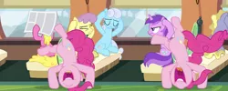 Size: 1793x720 | Tagged: safe, derpibooru import, screencap, amethyst star, cherry berry, linky, parasol, pinkie pie, ponet, shoeshine, earth pony, pegasus, pony, unicorn, rock solid friendship, amethyst star is not amused, annoyed, background pony, cartwheel, covering ears, duality, eyes closed, female, friendship express, great moments in animation, male, mare, multeity, newspaper, panorama, self ponidox, stallion, too much pink energy is dangerous, train