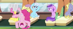 Size: 1793x720 | Tagged: safe, derpibooru import, screencap, amethyst star, cherry berry, linky, parasol, pinkie pie, ponet, shoeshine, earth pony, pegasus, pony, unicorn, rock solid friendship, amethyst star is not amused, annoyed, background pony, cartwheel, covering ears, eyes closed, female, friendship express, male, mare, newspaper, panorama, pinkie being pinkie, sitting, stallion, train