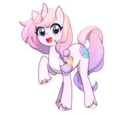 Size: 2321x2059 | Tagged: safe, artist:affurro, derpibooru import, oc, unofficial characters only, pony, unicorn, curved horn, cute, female, looking at you, mare, open mouth, raised hoof, simple background, smiling, solo, transparent background, unshorn fetlocks