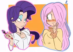 Size: 750x539 | Tagged: safe, artist:drawbauchery, artist:lordsauronthegreat, derpibooru import, fluttershy, rarity, human, blushing, bust, clothes, female, flarity, hair over one eye, humanized, lesbian, looking at each other, shipping, smiling