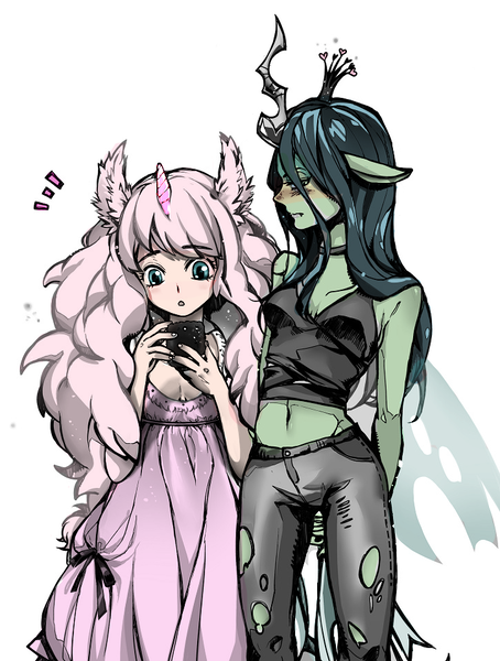 Size: 725x959 | Tagged: safe, artist:shell, derpibooru import, queen chrysalis, oc, oc:fluffle puff, anthro, belly button, canon x oc, chrysipuff, colored, fake horn, female, human facial structure, lesbian, pixiv, shipping