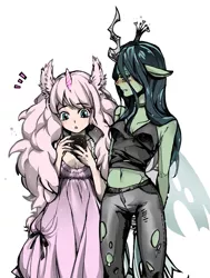Size: 725x959 | Tagged: safe, artist:shell, derpibooru import, queen chrysalis, oc, oc:fluffle puff, anthro, belly button, canon x oc, chrysipuff, colored, fake horn, female, human facial structure, lesbian, pixiv, shipping