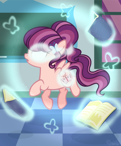 Size: 2556x3086 | Tagged: safe, artist:strawberry-spritz, derpibooru import, oc, oc:butterfly effect, unofficial characters only, pegasus, pony, alternate universe, base used, book, classroom, cutie mark, cutiespark, female, filly, floating, levitation, magic, offspring, parent swap au, parent:night light, parent:posey shy, parents:poseynight, ponytail, solo, spread wings, telekinesis, window, wings, younger