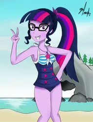 Size: 975x1280 | Tagged: safe, artist:markvoid21, derpibooru import, sci-twi, twilight sparkle, equestria girls, equestria girls series, forgotten friendship, adorasexy, armpits, beach, clothes, cute, glasses, lidded eyes, looking at you, ocean, peace sign, rock horse, sand, sexy, solo, swimsuit, twiabetes