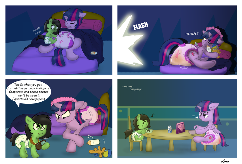 Size: 1290x874 | Tagged: questionable, artist:lazynore, derpibooru import, twilight sparkle, oc, oc:anon, oc:anonfilly, alicorn, ..., angry, baby bottle, bed, blackmail, bonnet, bowl, camera, cereal, collaboration, collab starts, comic, commission, crush plush, cutie mark diapers, dialogue, diaper, diaper fetish, drool, duo, eyes closed, female, fetish, filly, flash plushie, food, frown, grin, happy, hoof hold, laxative, messy diaper, milk, music notes, onomatopoeia, open mouth, pillow, plushie, poofy diaper, poop, poopy diaper, scat, sleeping, smiling, speech bubble, spoon, twilight sparkle (alicorn), underhoof, urine, wet diaper