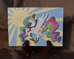 Size: 1500x1198 | Tagged: safe, artist:sparkynekomi, derpibooru import, princess celestia, alicorn, pony, craft, female, flying, glitter, irl, mare, papercraft, photo, shadowbox, solo, sun