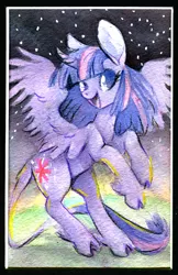 Size: 450x693 | Tagged: safe, artist:sparkynekomi, derpibooru import, twilight sparkle, twilight sparkle (alicorn), alicorn, pony, big ears, cloven hooves, curved horn, female, leonine tail, mare, solo, traditional art, unshorn fetlocks, watercolor painting