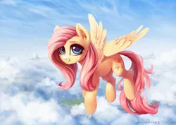 Size: 4961x3508 | Tagged: safe, artist:adagiostring, artist:inowiseei, derpibooru import, fluttershy, pegasus, pony, absurd resolution, cheek fluff, cloud, collaboration, cute, ear fluff, female, flying, looking at you, mare, scenery, shyabetes, sky, smiling, solo, spread wings, wings