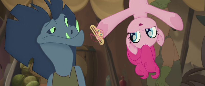 Size: 1920x804 | Tagged: safe, derpibooru import, screencap, louise, pinkie pie, anthro, earth pony, frilled lizard, lizard, pony, my little pony: the movie, anthro with ponies, comb, duo, female, hair, klugetowner, lizard vendor, magnetic hooves, mare