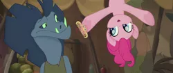 Size: 1920x804 | Tagged: safe, derpibooru import, screencap, louise, pinkie pie, anthro, earth pony, frilled lizard, lizard, pony, my little pony: the movie, anthro with ponies, comb, duo, female, hair, klugetowner, lizard vendor, magnetic hooves, mare
