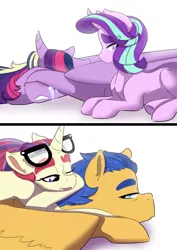 Size: 3507x4960 | Tagged: safe, artist:marukouhai, derpibooru import, flash sentry, moondancer, starlight glimmer, twilight sparkle, twilight sparkle (alicorn), alicorn, pony, crying, high res, implied flashlight, implied shipping, implied straight, prone