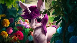 Size: 1600x887 | Tagged: safe, artist:lulemt, derpibooru import, oc, oc:lapush buns, unofficial characters only, bunnycorn, pony, unicorn, chest fluff, detailed, flower, grass, long ears, looking at you, male, stallion