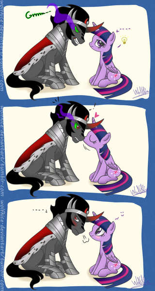 1340354 - safe, artist:wolfkice, derpibooru import, king sombra, twilight  sparkle, twilight sparkle (alicorn), alicorn, pony, unicorn, angry,  blushing, comic, embarrassed, female, growling, grumpy, happy, heart,  kissing, lightbulb, looking back, male ...