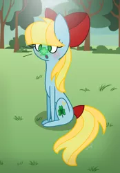 Size: 747x1071 | Tagged: safe, artist:darbypop1, derpibooru import, oc, oc:clover sparks, earth pony, pony, base used, bow, clover, female, filly, four leaf clover, hair bow, mare, sitting, solo