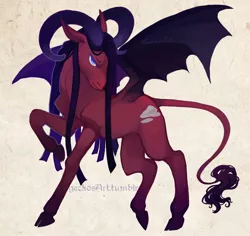 Size: 1106x1046 | Tagged: safe, artist:sitaart, derpibooru import, oc, unofficial characters only, demon, pony, succubus, ponyfinder, bat wings, black hair, black mane, blue eyes, cloven hooves, dungeons and dragons, female, horns, leonine tail, mare, pathfinder, pen and paper rpg, ram horns, rpg, signature, simple background, solo