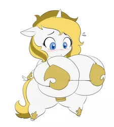 Size: 1719x1908 | Tagged: suggestive, artist:marauder6272, derpibooru import, oc, oc:white heart, unofficial characters only, anthro, unguligrade anthro, unicorn, armor, big breasts, breast expansion, breasts, chibi, clothes, female, giant head, growth, huge breasts, huge butt, hyper, hyper breasts, hyper butt, impossibly large breasts, large butt, rule 63, simple background, solo, solo female