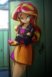 Size: 1377x2039 | Tagged: safe, artist:oberon826, derpibooru import, sunset shimmer, human, equestria girls, beautiful, clothes, crossed arms, female, jacket, leather jacket, lockers, looking at you, skirt, solo, thighs