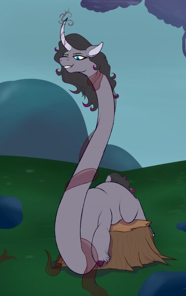 Size: 804x1280 | Tagged: safe, artist:astr0zone, derpibooru import, oleander (tfh), them's fightin' herds, community related, dark magic, impossibly long neck, long neck, magic, necc, neck stretching, sitting, stretchy, tentacles, tree stump, wat