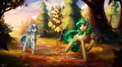 Size: 3465x1898 | Tagged: safe, artist:l1nkoln, derpibooru import, oc, oc:first edition, oc:silverstar, unofficial characters only, pegasus, pony, unicorn, autumn, commission, female, forest, mare, raised hoof, scenery, smiling, tree