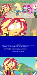 Size: 506x1024 | Tagged: safe, derpibooru import, edit, screencap, applejack, fluttershy, pinkie pie, rainbow dash, sunset shimmer, equestria girls, equestria girls series, forgotten friendship, blue screen of death, exploitable meme, meme, sunset sees things