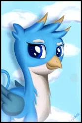 Size: 2000x3000 | Tagged: safe, artist:theunconsistentone, derpibooru import, gallus, gryphon, school daze, season 8, blue background, cloud, looking at you, male, simple background, sky, smiling, solo, tail, wings