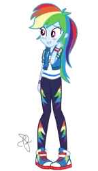 Size: 312x542 | Tagged: safe, artist:ilaria122, derpibooru import, rainbow dash, equestria girls, equestria girls series, rollercoaster of friendship, blushing, clothes, converse, cute, dashabetes, female, geode of super speed, magical geodes, multicolored hair, pants, shoes, simple background, sneakers, solo, transparent background, wristband