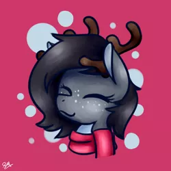 Size: 1024x1024 | Tagged: safe, artist:sugar morning, derpibooru import, oc, oc:gene, unofficial characters only, deer, deer pony, original species, antlers, bust, calm, clothes, commission, content, deer oc, deerpony, doe, eyes closed, freckles, happy, scarf, simple background, smiling, solo