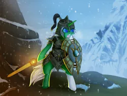 Size: 2000x1500 | Tagged: armor, artist:foxyghost, crossover, dawnbreaker, derpibooru import, mountain, oc, safe, semi-anthro, shield, skyrim, snow, snowfall, solo, spellbreaker, sword, the elder scrolls, unofficial characters only, weapon, ych result