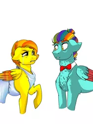 Size: 1536x2048 | Tagged: safe, artist:toxstaxes, derpibooru import, oc, oc:abbott, oc:andromeda, unofficial characters only, pegasus, pony, bowtie, clothes, dress, female, male, mare, offspring, parent:rainbow dash, parent:zephyr breeze, parents:zephdash, simple background, stallion, white background