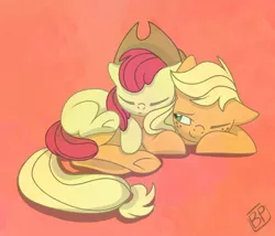 Size: 3500x3000 | Tagged: safe, artist:glitterstar2000, derpibooru import, apple bloom, applejack, earth pony, pony, accessory swap, adorabloom, cowboy hat, cute, eyes closed, female, filly, hat, jackabetes, mare, one eye closed, pony pillow, prone, sisters, sleeping, smiling, stetson