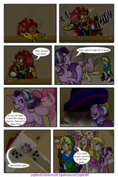 Size: 1200x1800 | Tagged: safe, artist:yogfan, derpibooru import, applejack, fluttershy, pinkie pie, starlight glimmer, hylian, pony, comic:but i do now, equestria girls, comic, crossover, elements of harmony, ganondorf, link, princess zelda, the legend of zelda