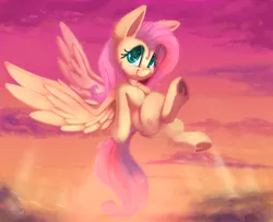 Size: 2000x1621 | Tagged: safe, artist:discorded, derpibooru import, fluttershy, pegasus, pony, cute, female, flying, large ears, looking at you, mare, scenery, sky, smiling, solo, spread wings, three quarter view, underhoof, wings